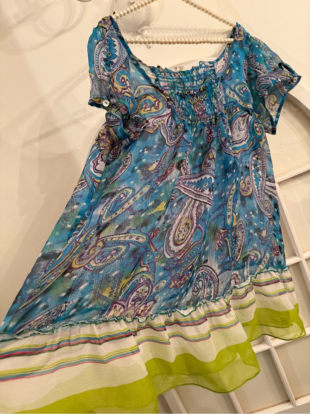 Derek Heart Plus Size 2X Paisley Smocked Peasant Blouse Sheer Boho Top Blue